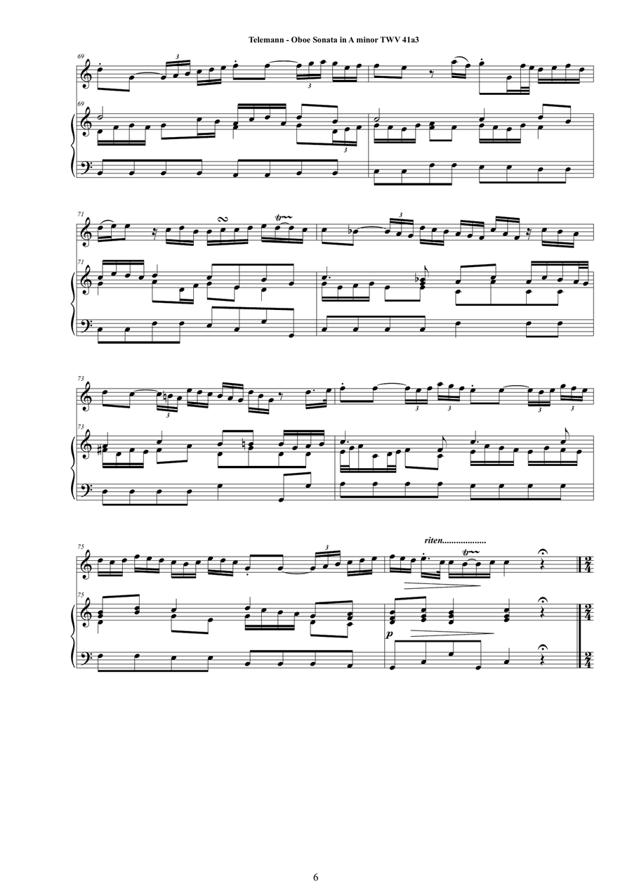 Telemann - Oboe Sonata in A minor TWV 41a3 for Oboe and Cembalo (or Piano) Harpsichord scores gallery preview page 6