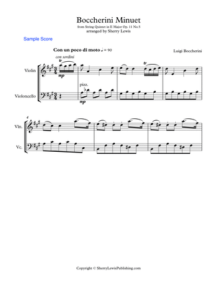 BOCCHERINI MINUET - (Minuet Op. 11 No. 5) for String Duo, Intermediate Level for violin and cello