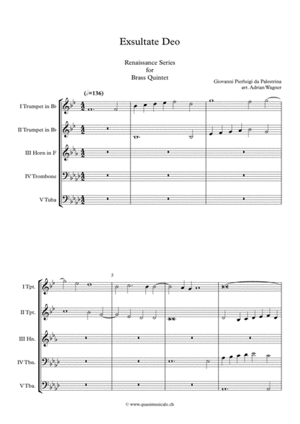 Exsultate Deo (Giovanni Pierluigi da Palestrina) Brass Quintet arr. Adrian Wagner image number null