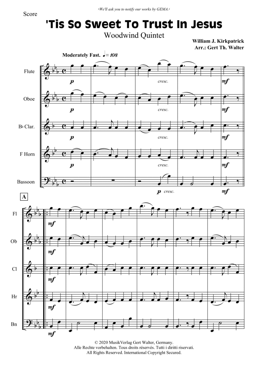 'Tis So Sweet To Trust In Jesus Woodwind Quintet scores gallery preview page 1