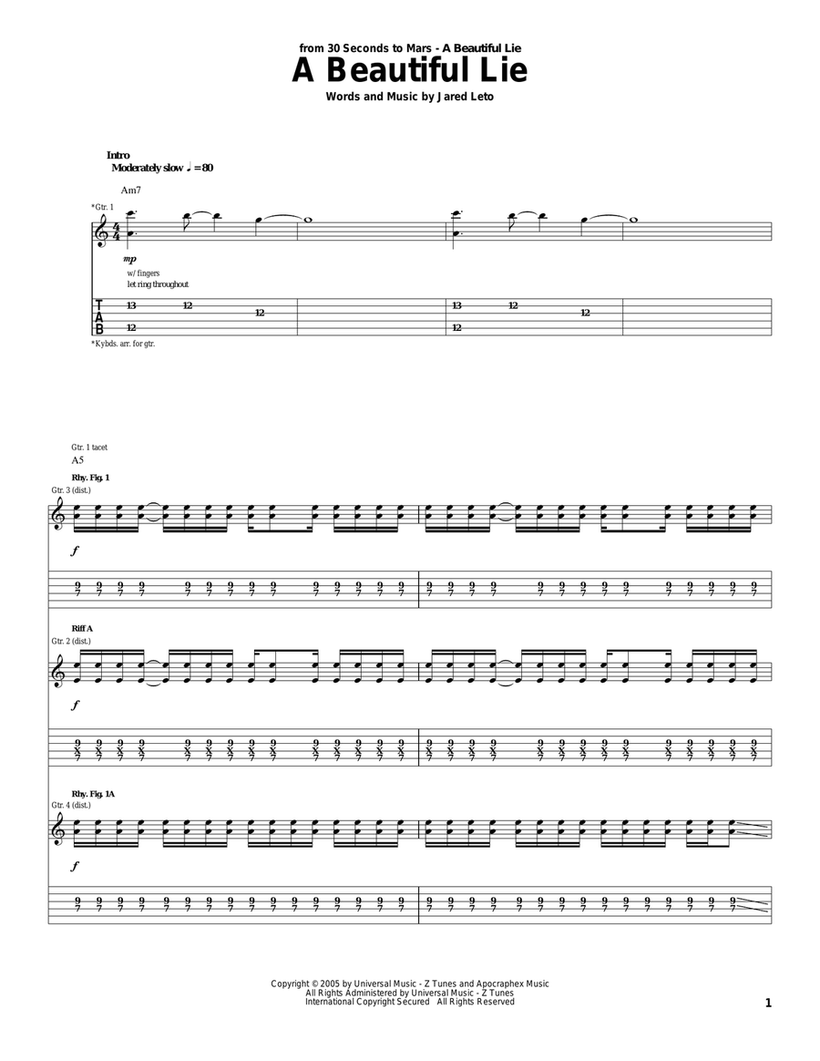 A Beautiful Lie Acoustic Guitar scores gallery preview page 1