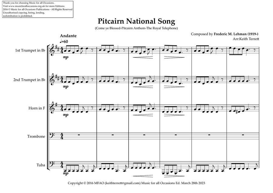 Pitcairn National Song (Come ye Blessed-Pitcairn Anthem-The Royal Telephone) for Brass Quintet Brass Quintet scores gallery preview page 2