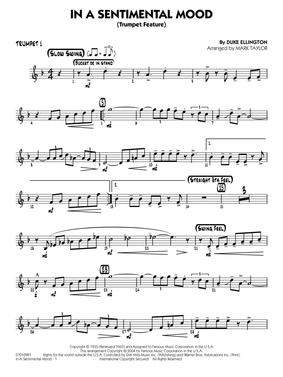 In a Sentimental Mood (arr. Mark Taylor) - Trumpet 1 Jazz Ensemble scores gallery preview page 1