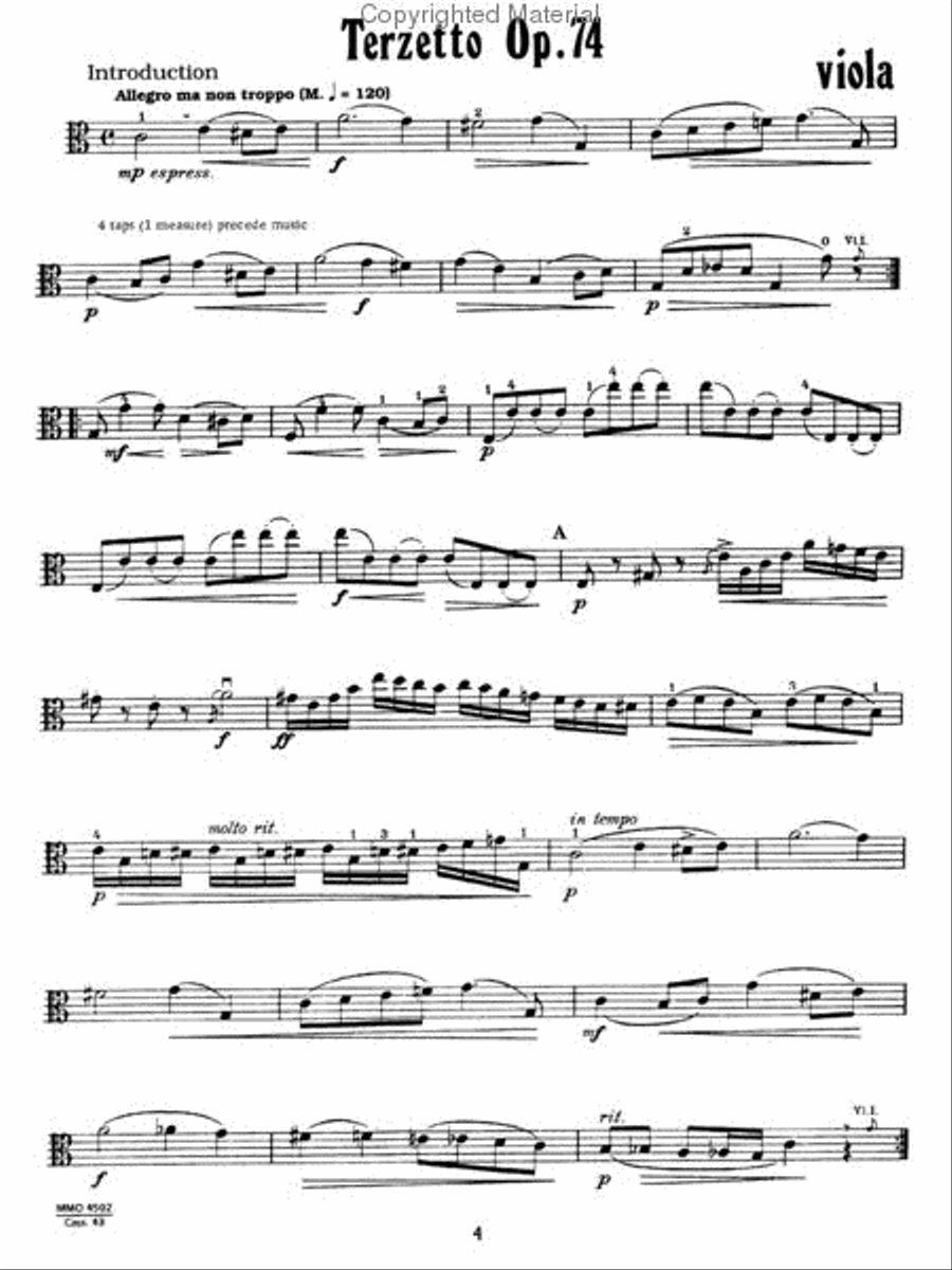 String Trio 'Terzetto' in C major, op. 74, B148 (2 violins & viola) - Viola Part image number null