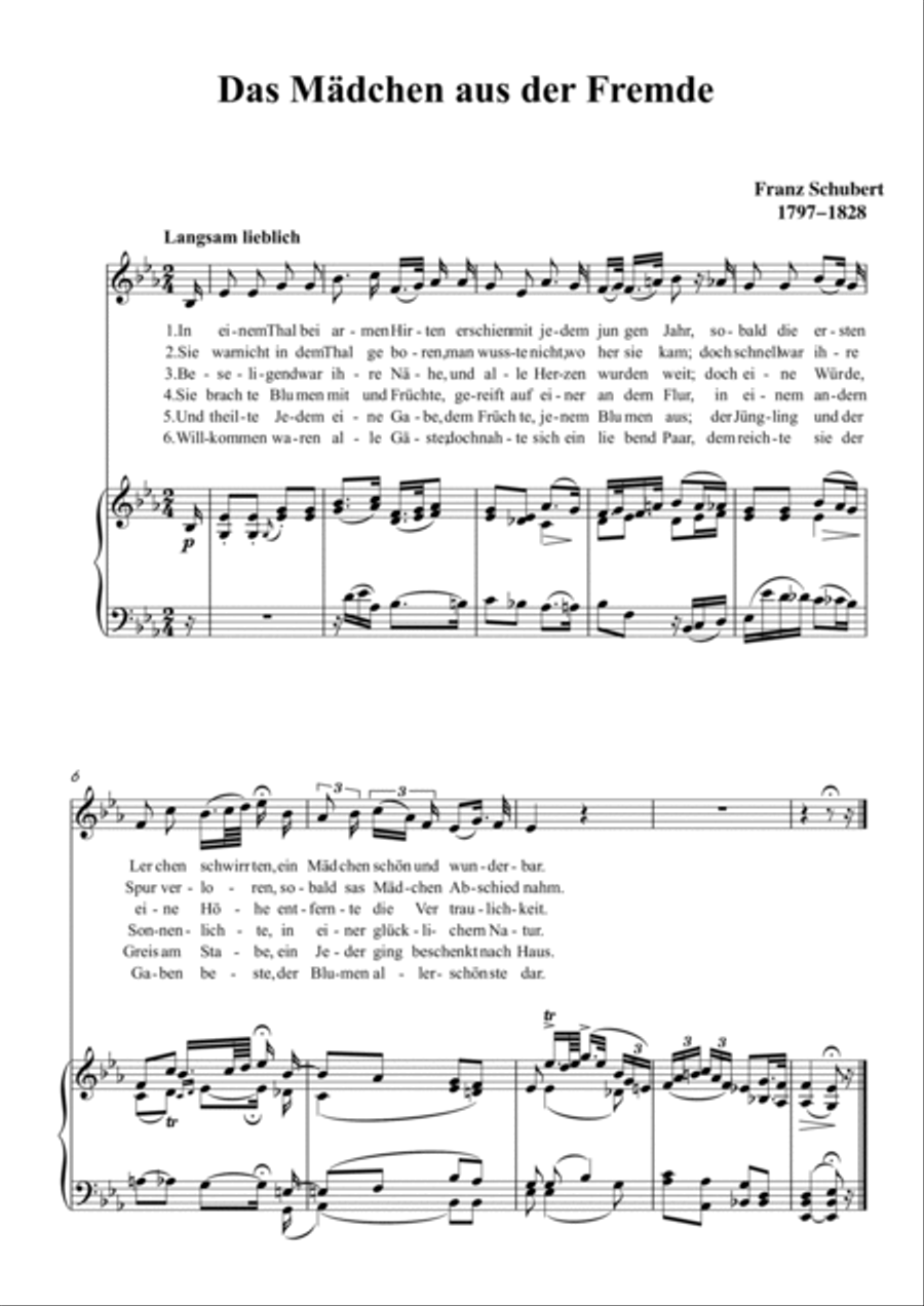 Schubert-Das Mädchen aus der Fremde in bE for Vocal and Piano Voice scores gallery preview page 2