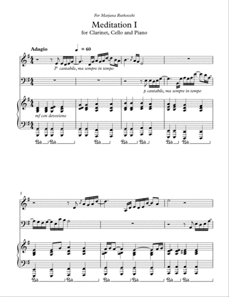 Meditation, for Clarinet, Cello and Piano Clarinet scores gallery preview page 1