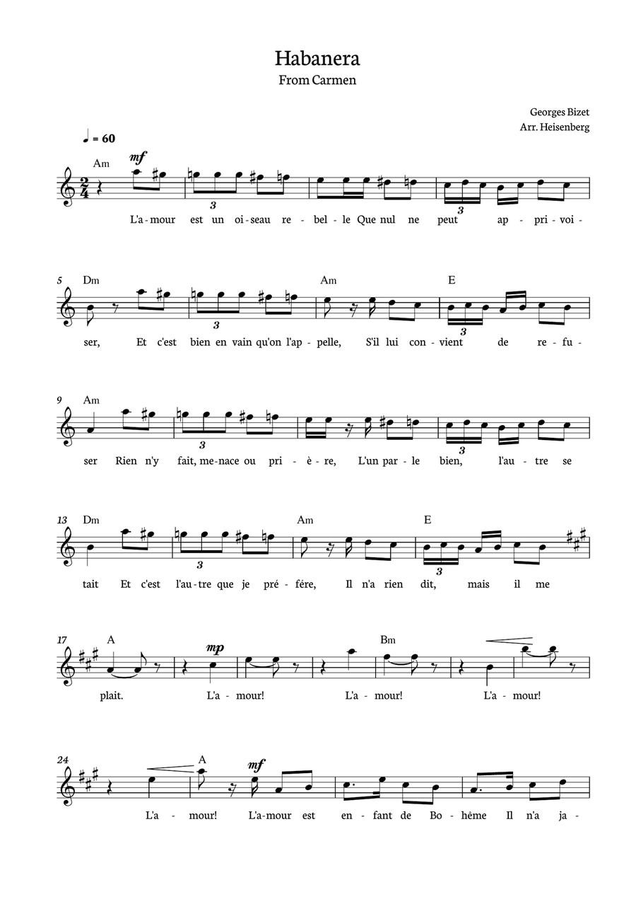 Habanera from Carmen for Lead Sheet with chords Piano scores gallery preview page 1