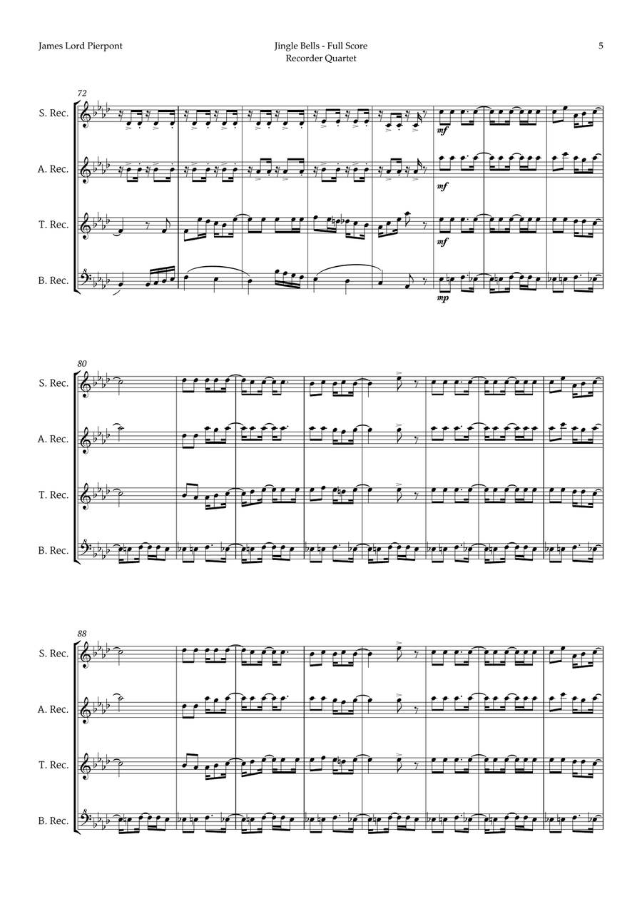 Jingle Bells in Different Styles for Recorder Quartet Soprano Recorder scores gallery preview page 5