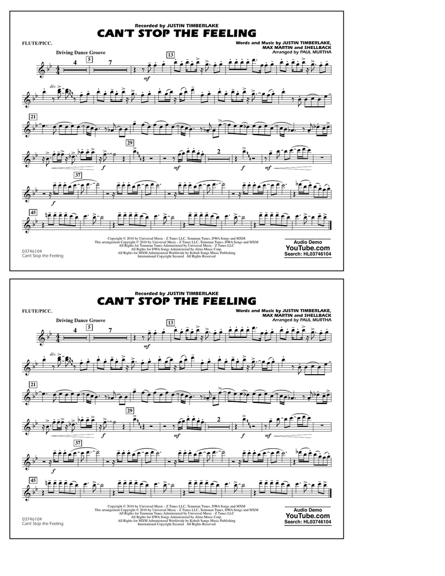 Can't Stop the Feeling (from Trolls) - Flute/Piccolo Marching Band scores gallery preview page 1
