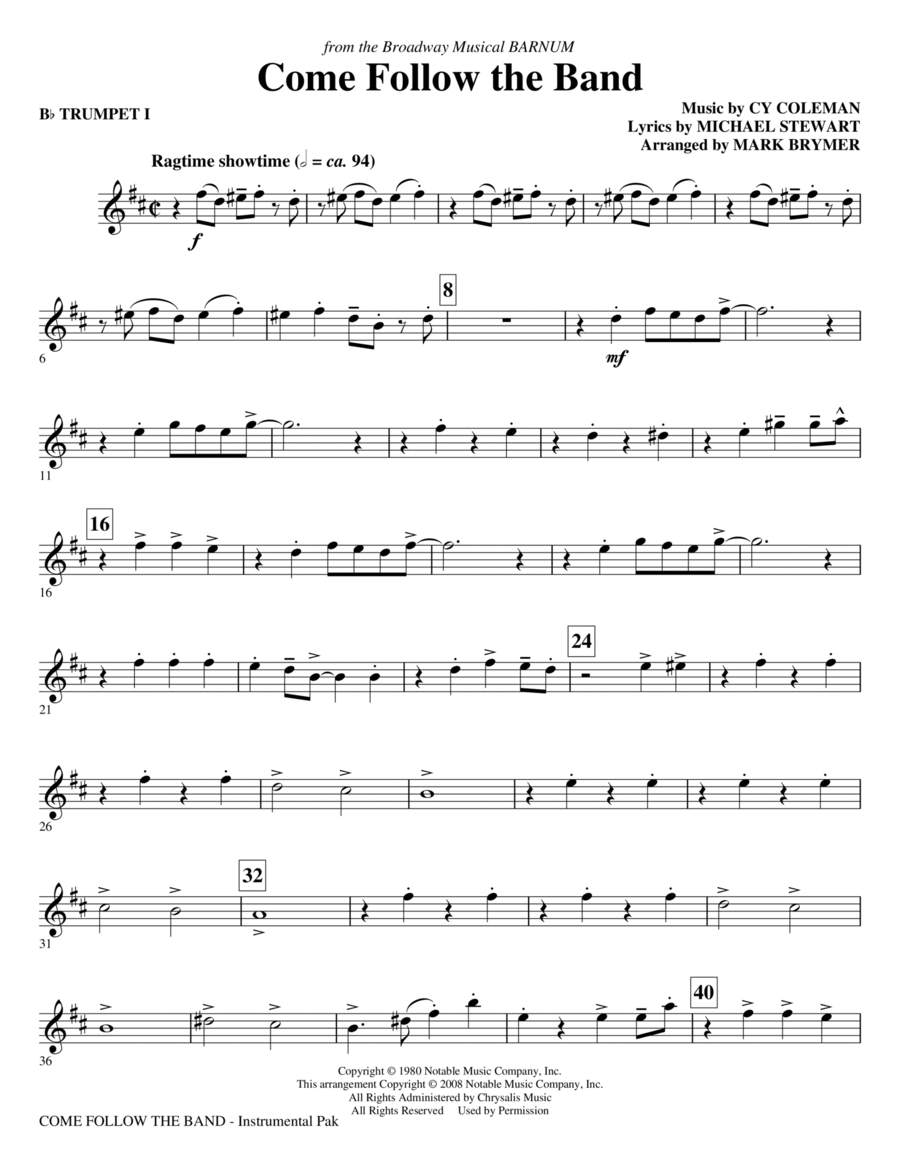 Come Follow The Band - Bb Trumpet 1 Choir scores gallery preview page 1