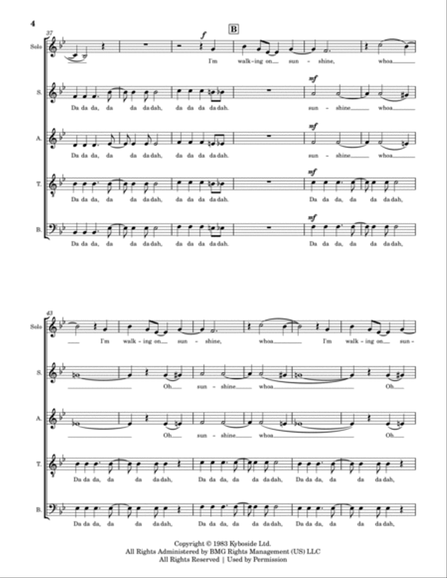 Walking On Sunshine 4-Part scores gallery preview page 4