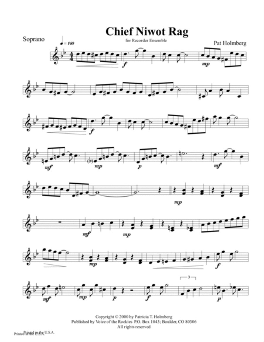 Chief Niwot Rag for Recorder Ensemble - Parts Soprano Recorder scores gallery preview page 3