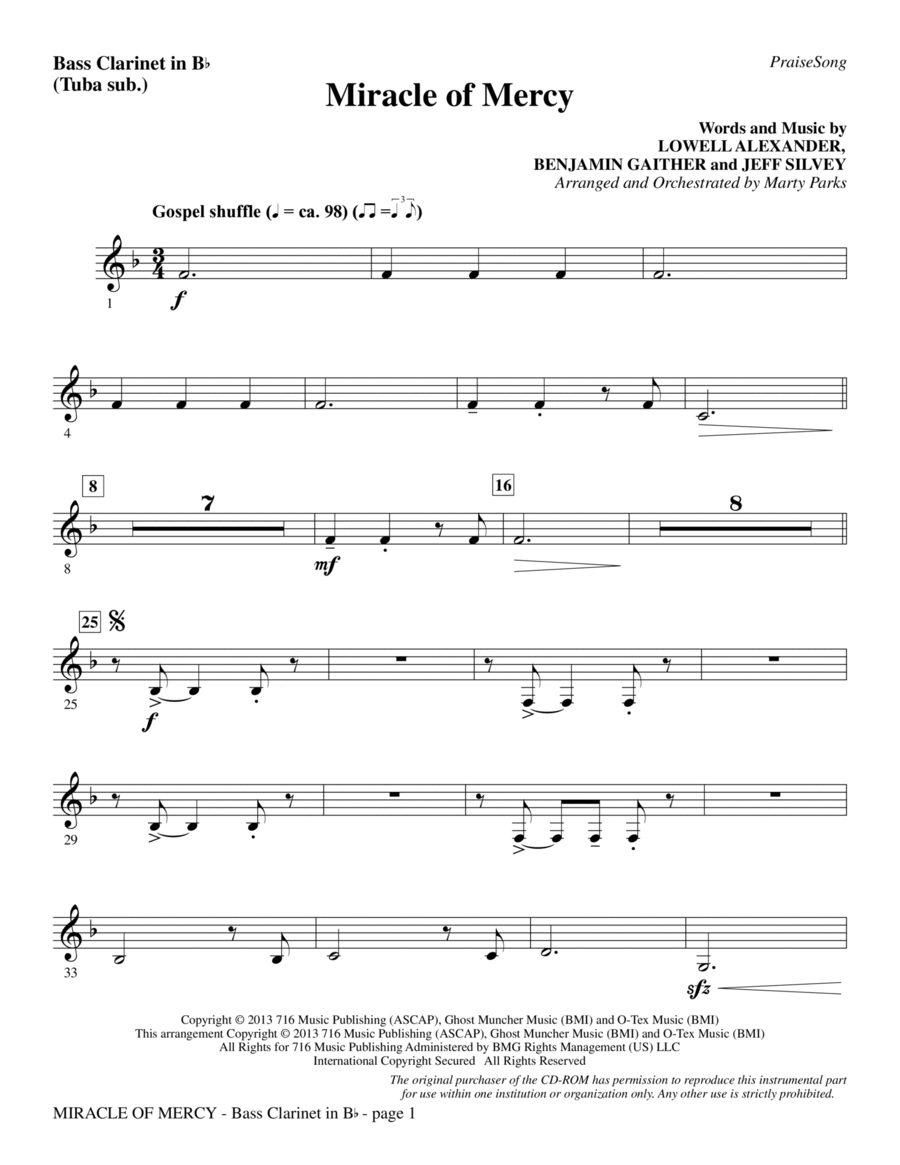 Miracle of Mercy - Bass Clarinet (sub. Tuba) Choir scores gallery preview page 1