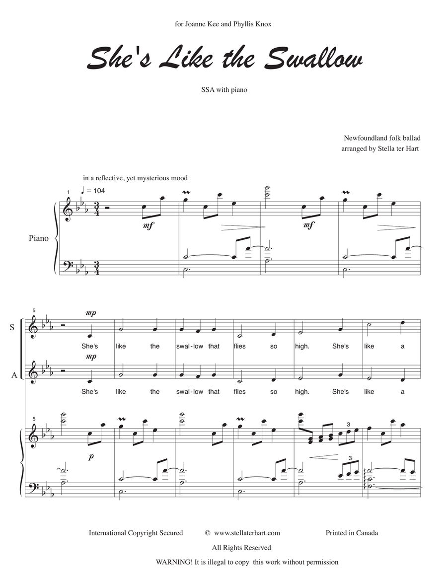 She's Like the Swallow for SSA choir and piano. Newfoundland folk song ballad. SSA scores gallery preview page 2
