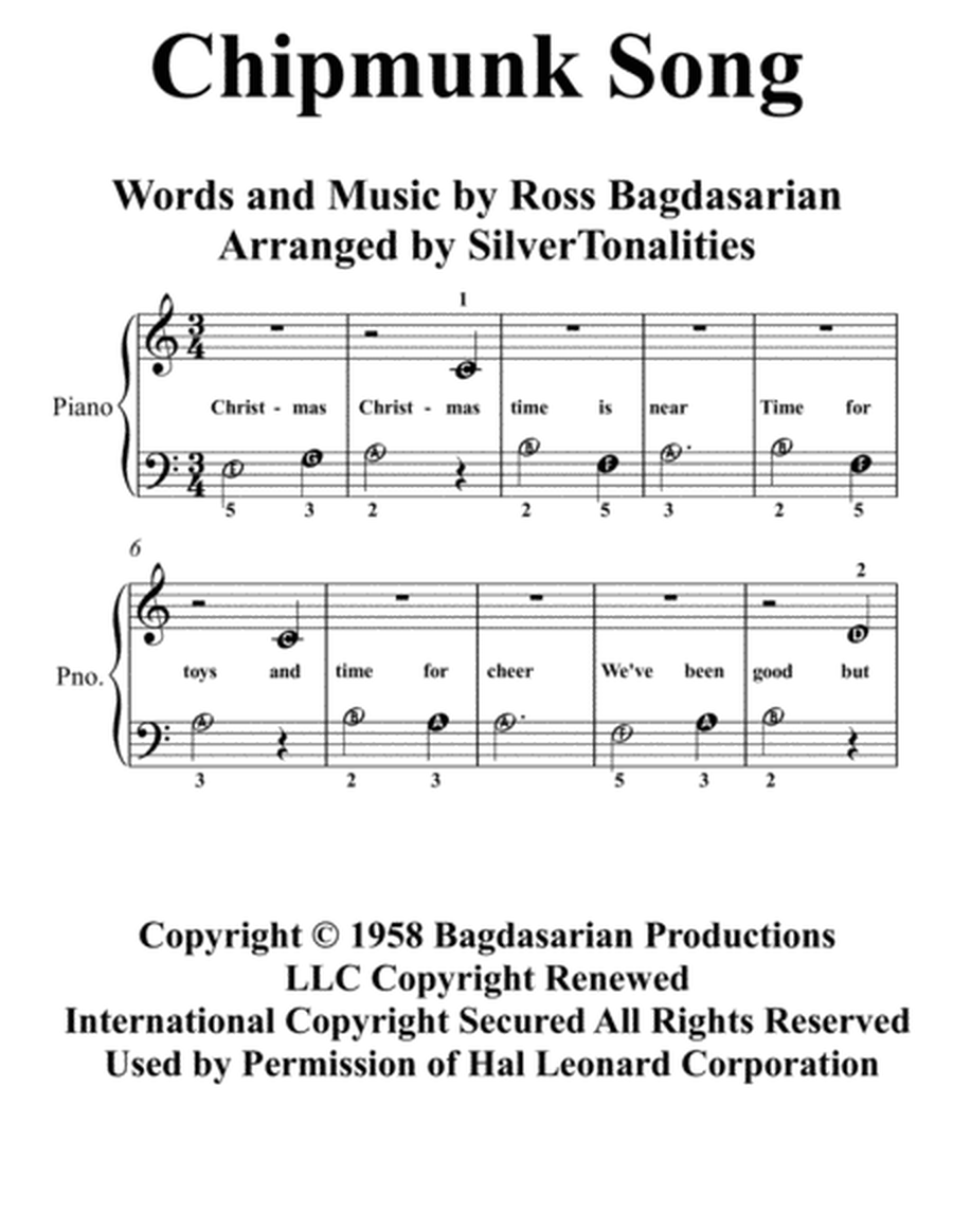 The Chipmunk Song Beginner Piano Sheet Music