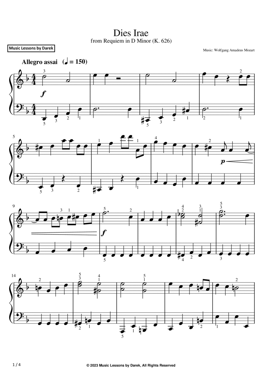 Dies Irae (EASY PIANO) from Requiem in D Minor (K. 626) [Wolfgang Amadeus Mozart] Easy Piano scores gallery preview page 1