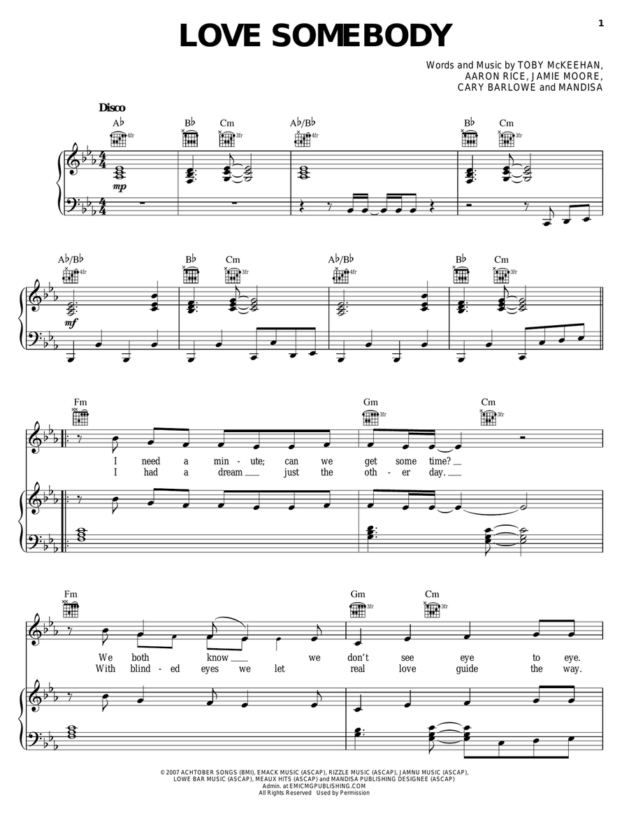 Love Somebody Love Somebody Piano, Vocal, Guitar scores gallery preview page 1