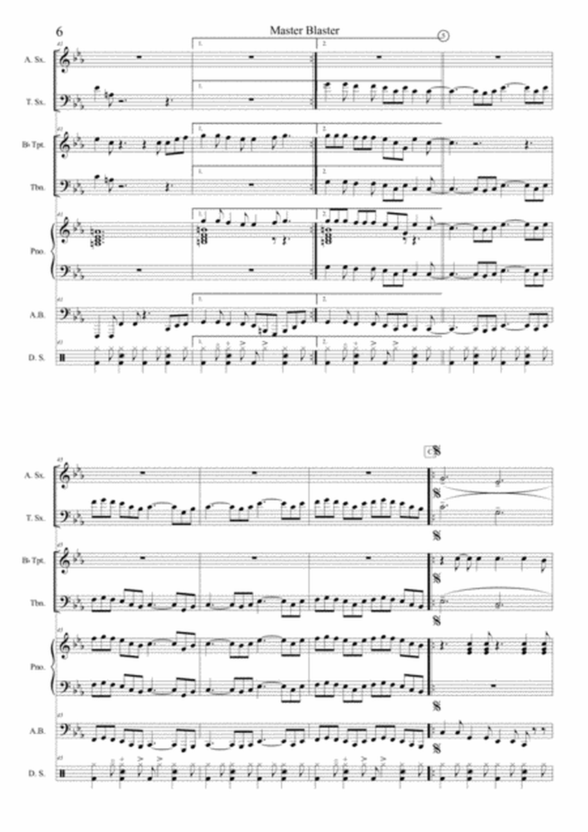 Master Blaster - Score ( Alto Sax, Tenor Sax, Trumpet, Trombone, Piano, Bass, Drums)