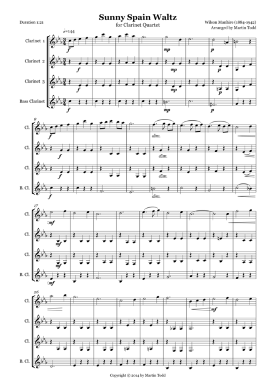 Sunny Spain Waltz for Clarinet Quartet Sunny Spain Waltz for Clarinet Quartet Clarinet Quartet scores gallery preview page 1