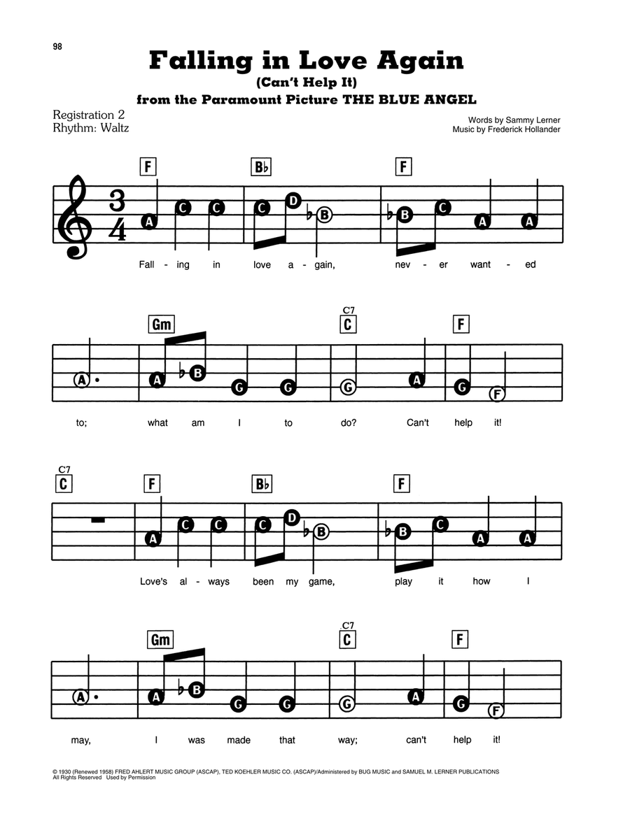 Falling In Love Again (Can't Help It) Electronic Keyboard scores gallery preview page 1