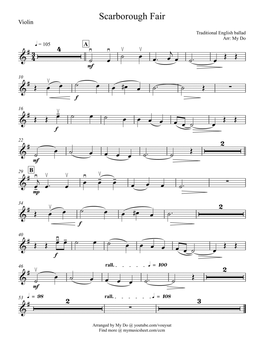Scarborough Fair for Violin solo (easy) with Piano Accompaniment image number null