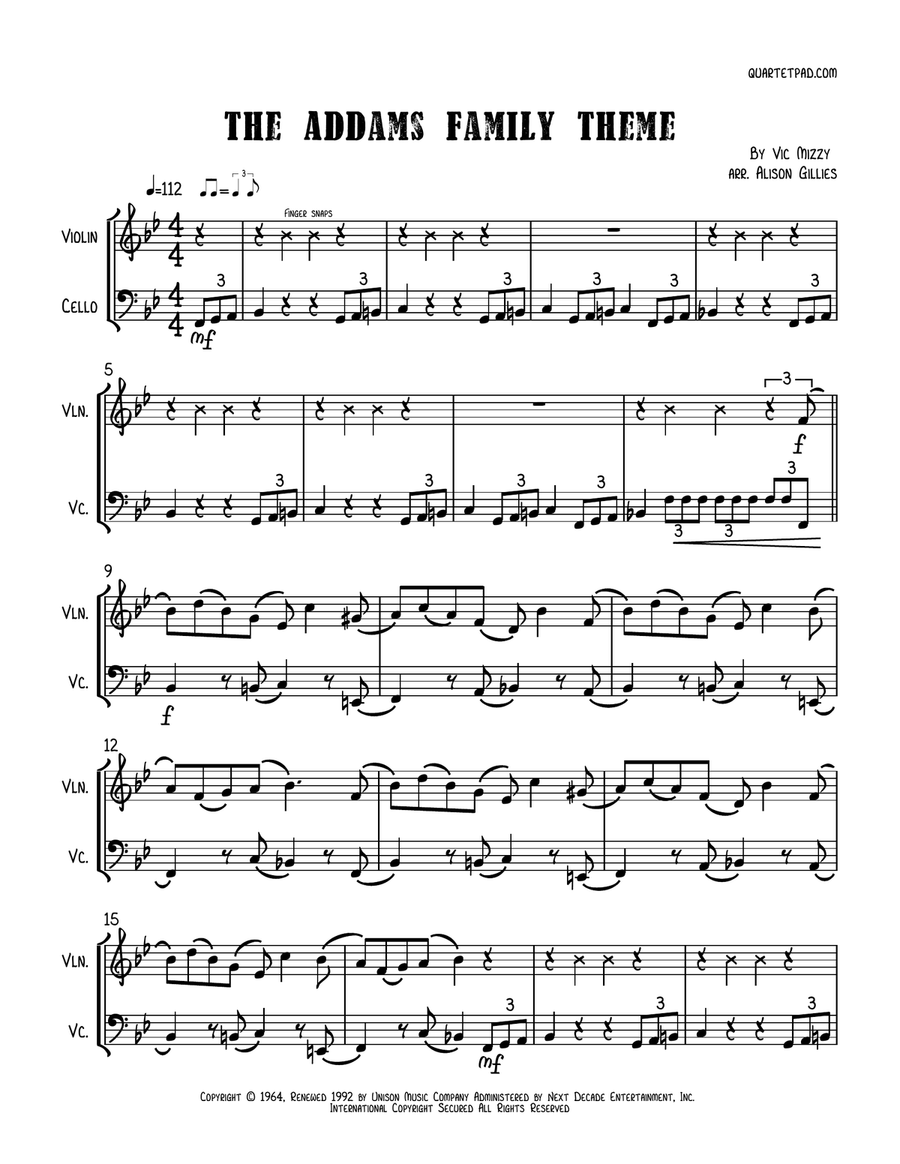 Addams Family Theme String Duet scores gallery preview page 1