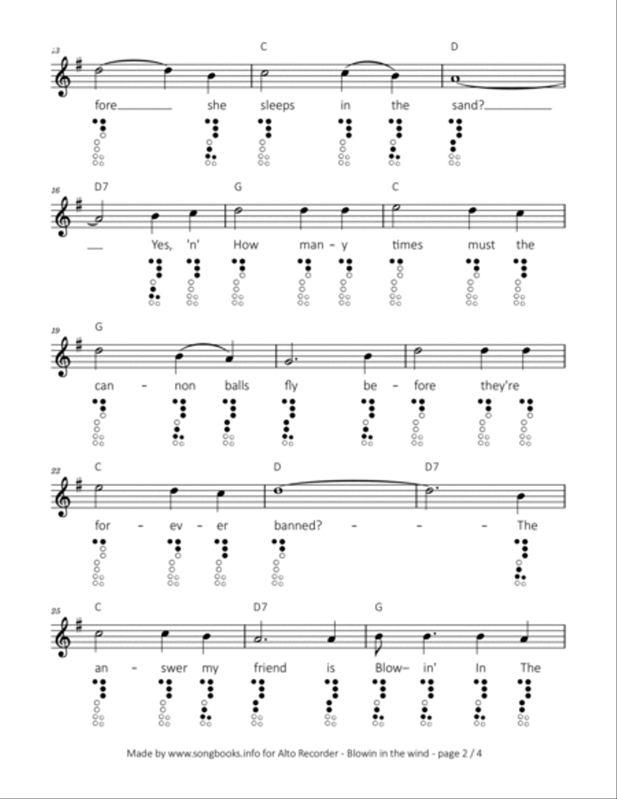 Blowin' In The Wind Alto Recorder scores gallery preview page 2