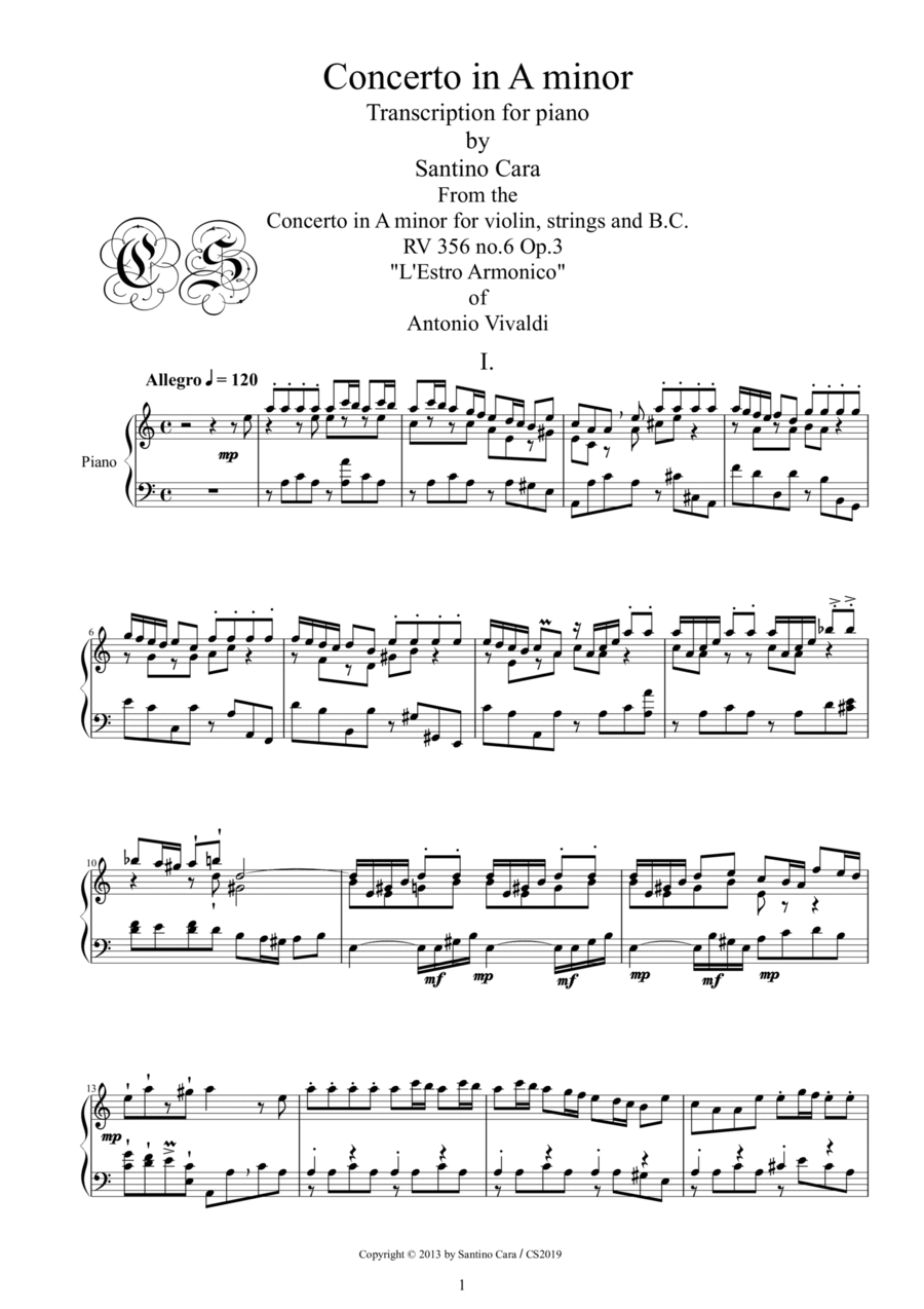 A.Vivaldi-Concerto in A minor (Rv 356) transcription for piano Piano Solo scores gallery preview page 1