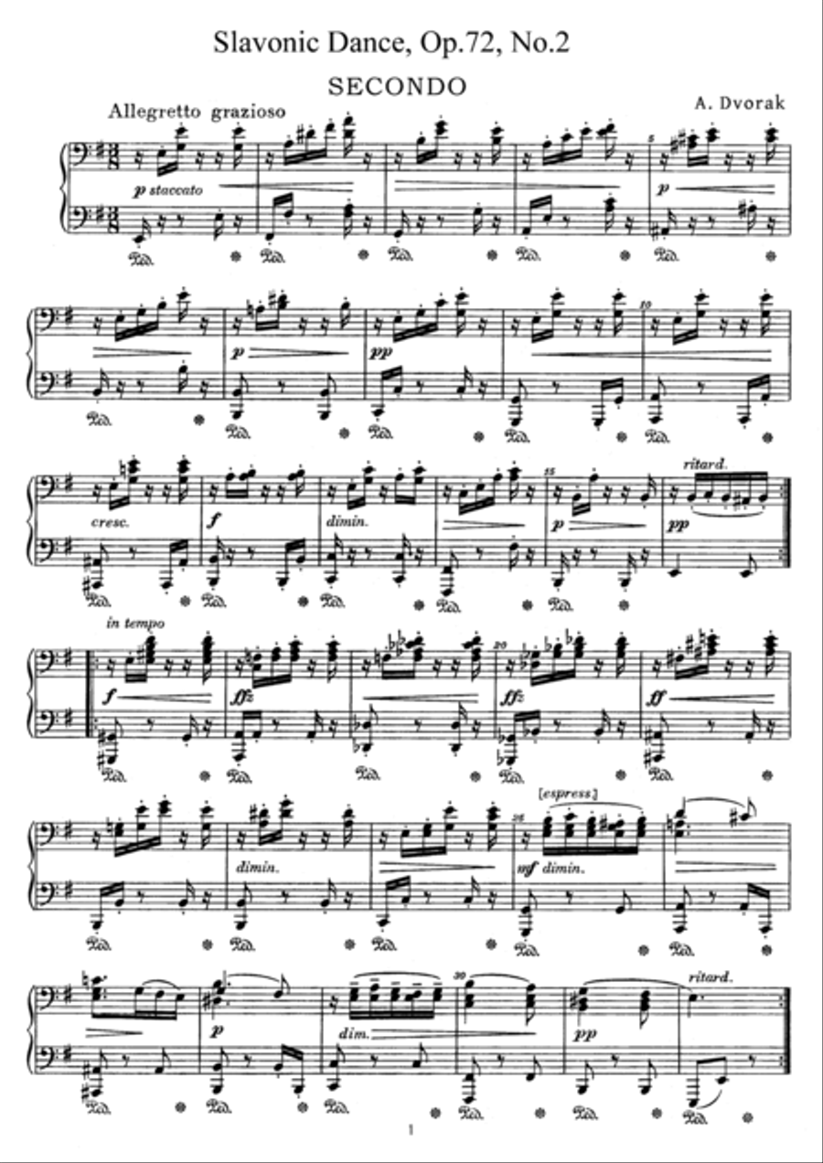 Dvorak Slavonic Dance, Op.72, No.2, for piano duet, PD892