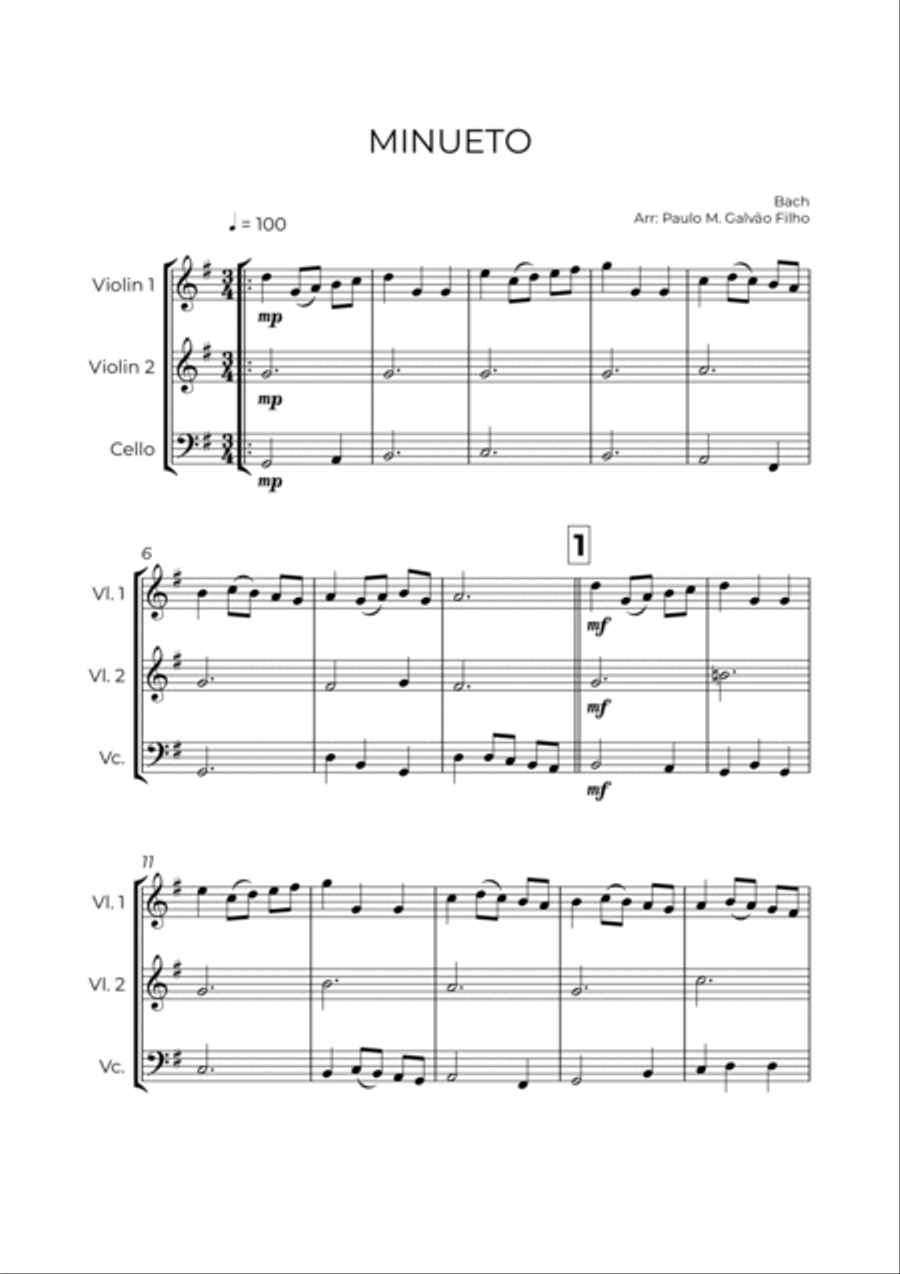 MINUETO - BACH - STRING TRIO (VIOLIN 1, VIOLIN 2 & CELLO)