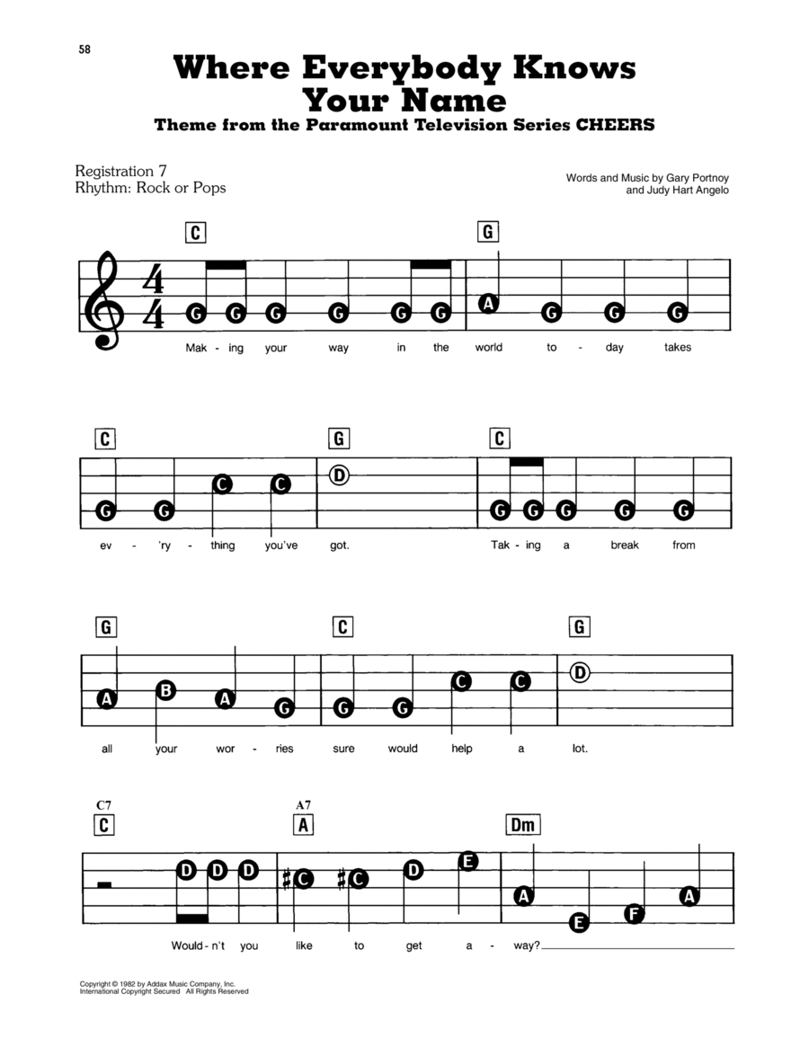 Where Everybody Knows Your Name (from Cheers) Electronic Keyboard scores gallery preview page 1