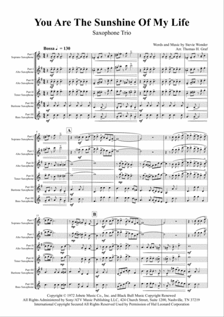 You Are The Sunshine Of My Life Woodwind Trio scores gallery preview page 1