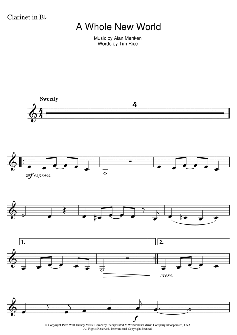 A Whole New World (from Aladdin) Clarinet Solo scores gallery preview page 1