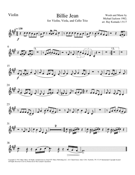 Billie Jean, for Violin, Viola, Cello Trio image number null