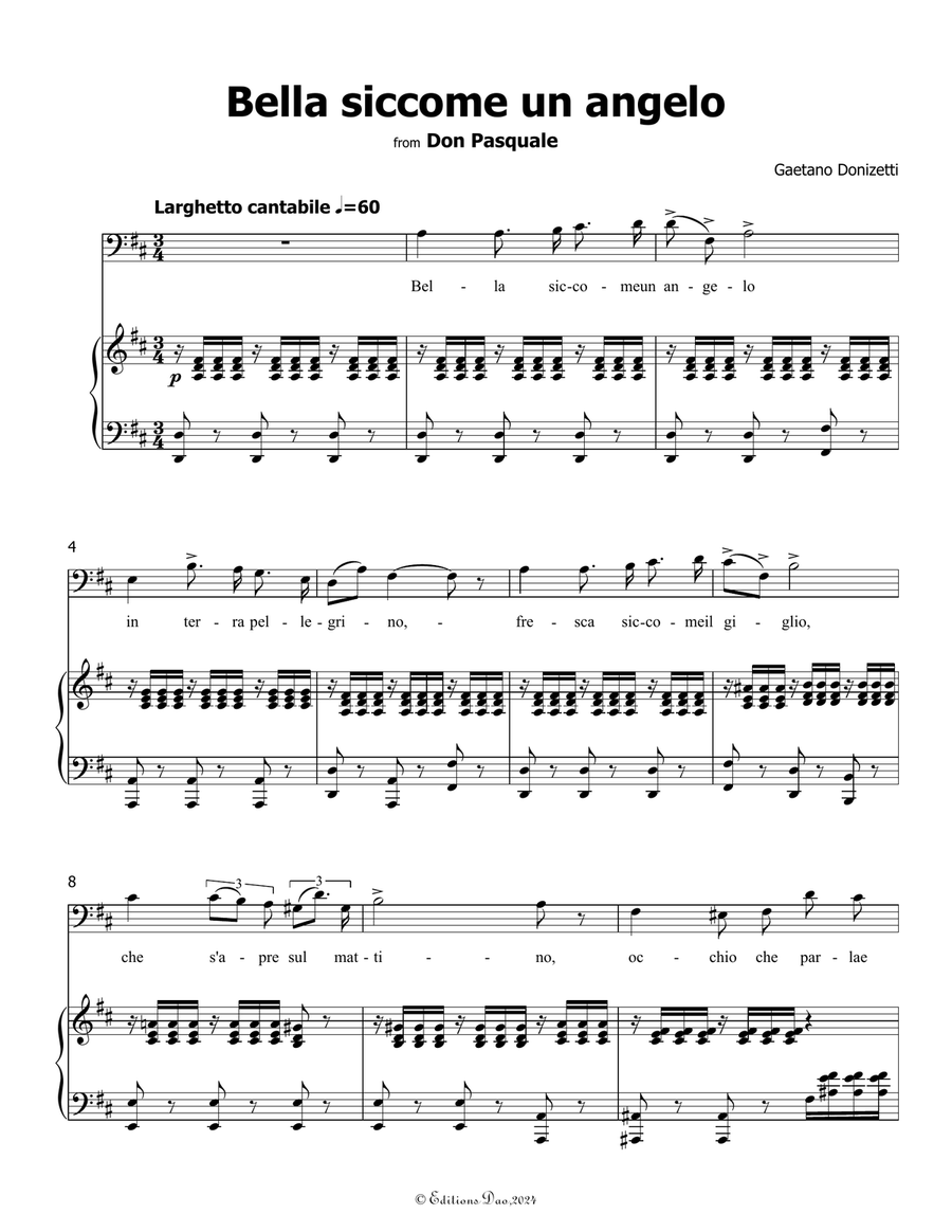 Bella siccome un angelo, by Donizetti, in D Major Piano, Vocal scores gallery preview page 3