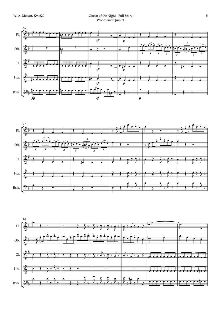 Queen of the Night Aria by Mozart for Woodwind Quintet Woodwind Quintet scores gallery preview page 5