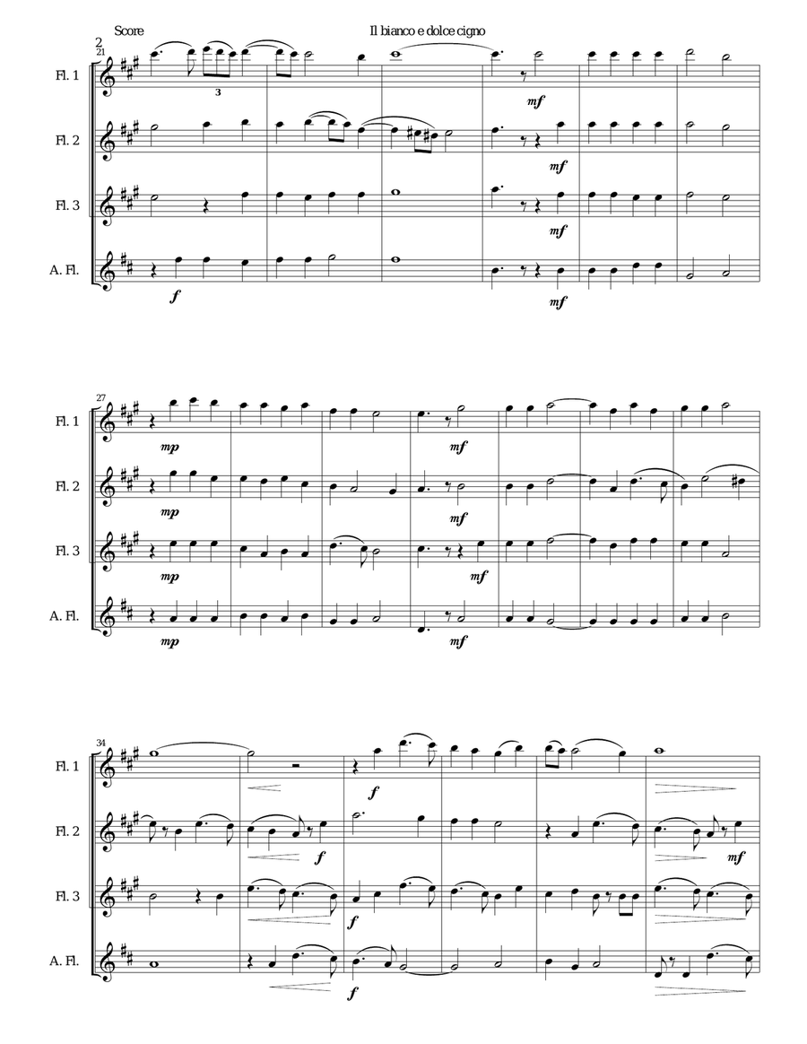 Il bianco e dolce cigno arranged for 3 flutes and alto flute Flute Trio scores gallery preview page 2