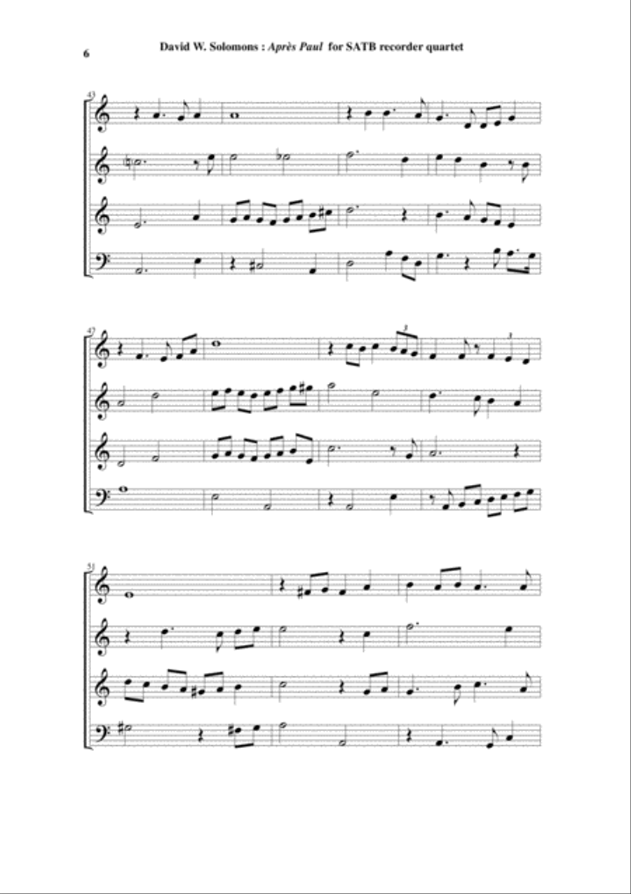 David Warin Solomons: Après Paul for SATB recorder quartet Small Ensemble scores gallery preview page 6