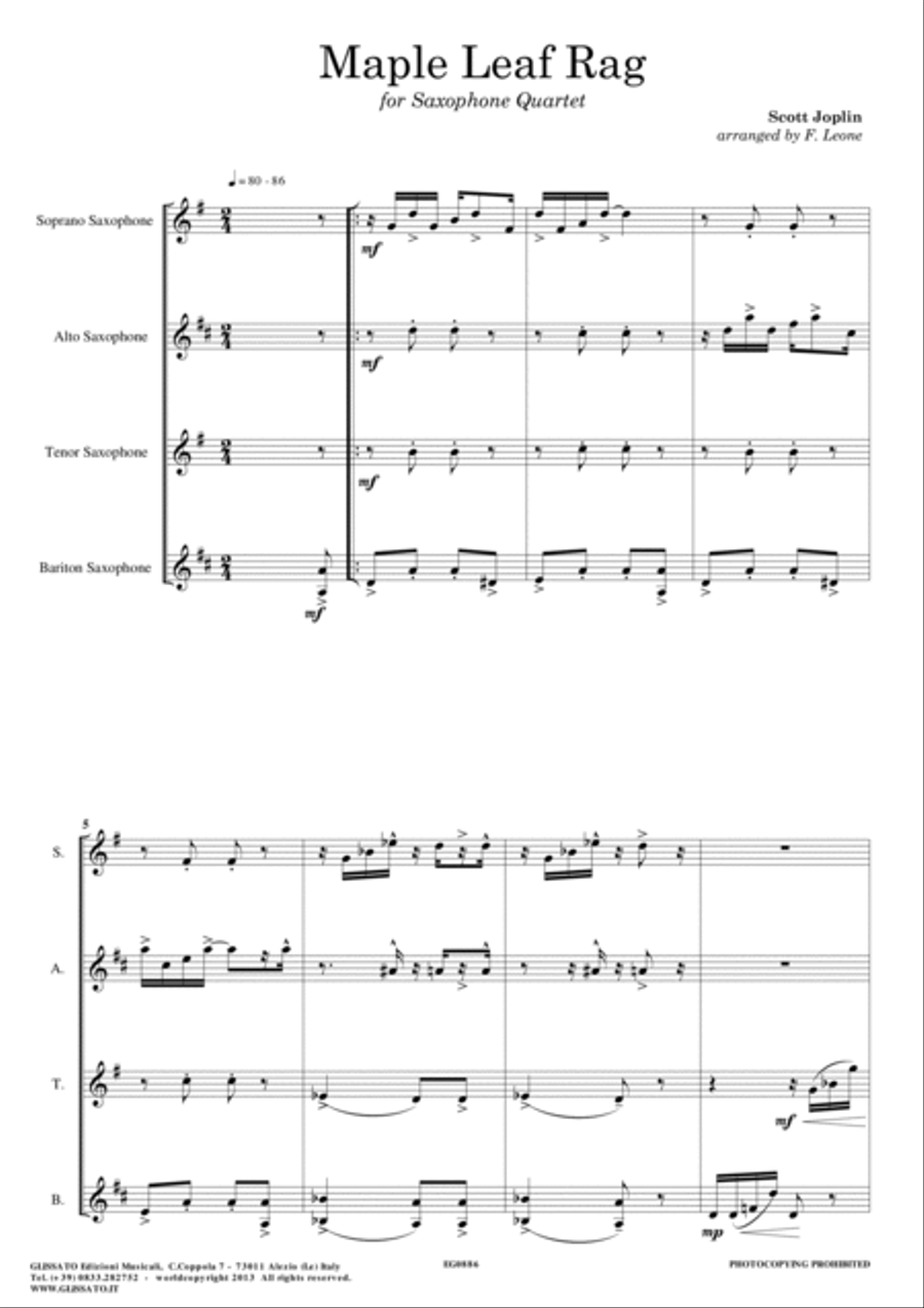 Saxophone sheet music for Quartet "Maple Leaf Rag" (score & parts) image number null