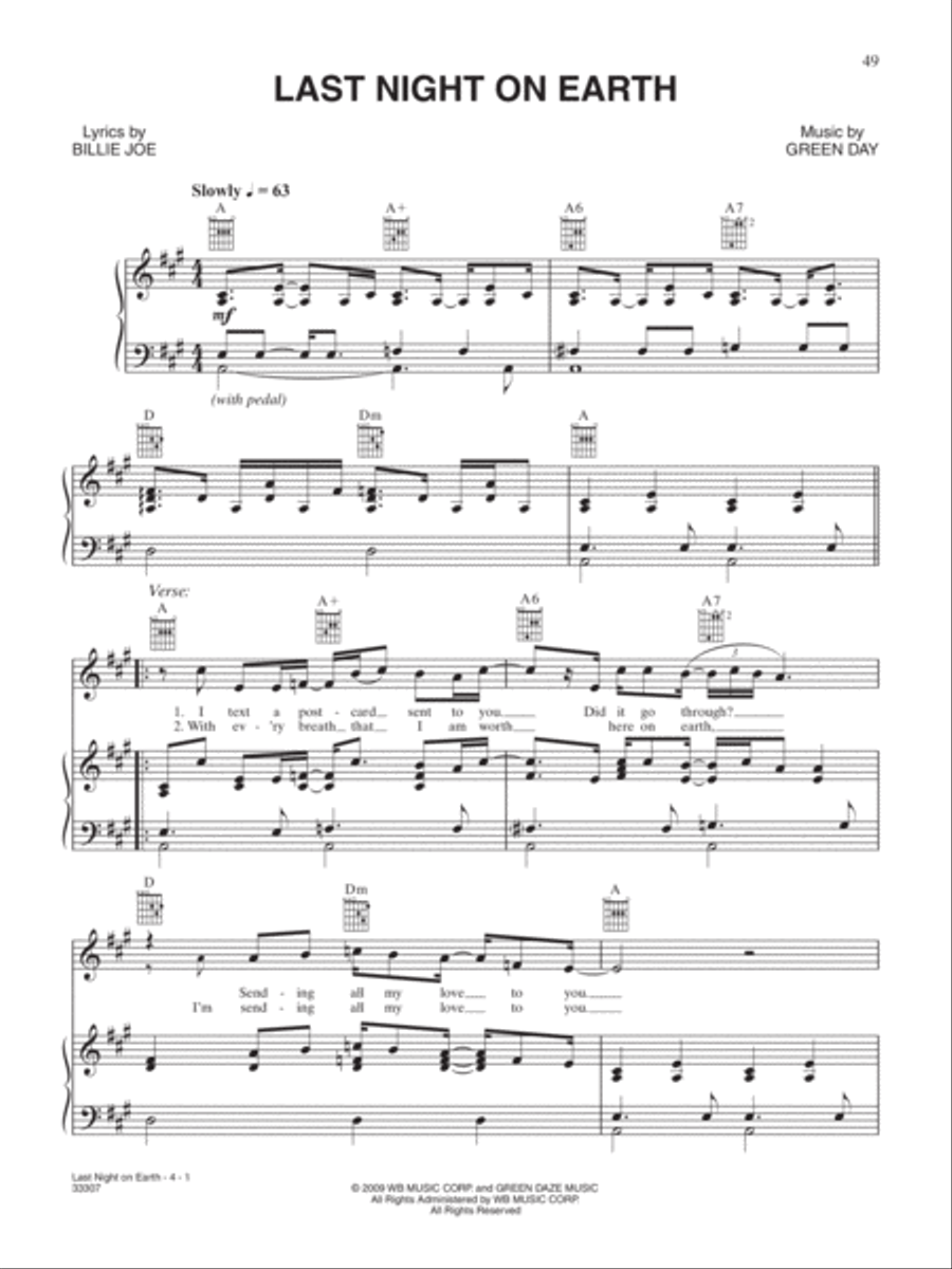 Last Night on Earth Piano, Vocal, Guitar scores gallery preview page 1