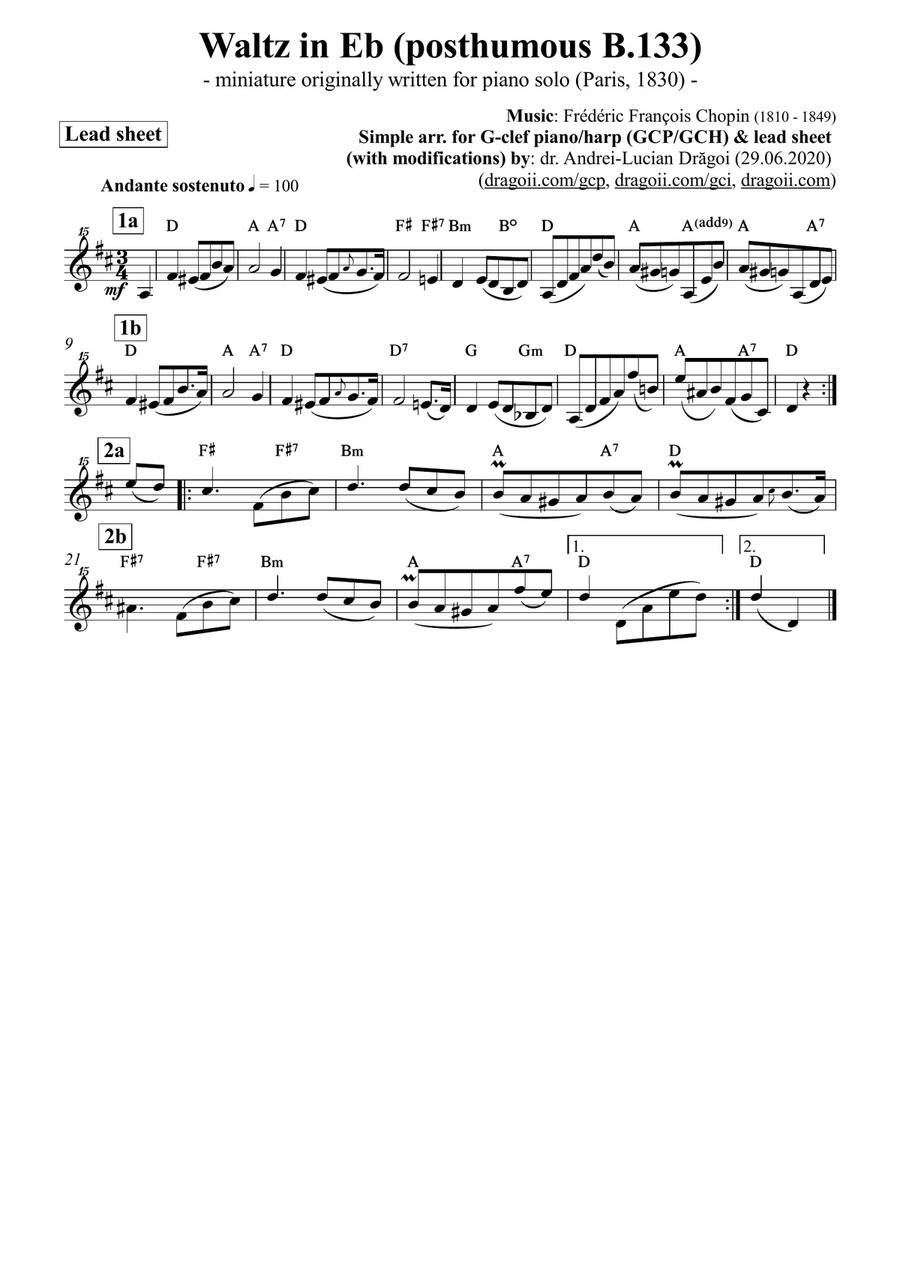 Chopin (Frederic) - Waltz in Eb (posthumous B.133) - simplified arrangement for G-clef piano/harp (G Large Ensemble scores gallery preview page 4