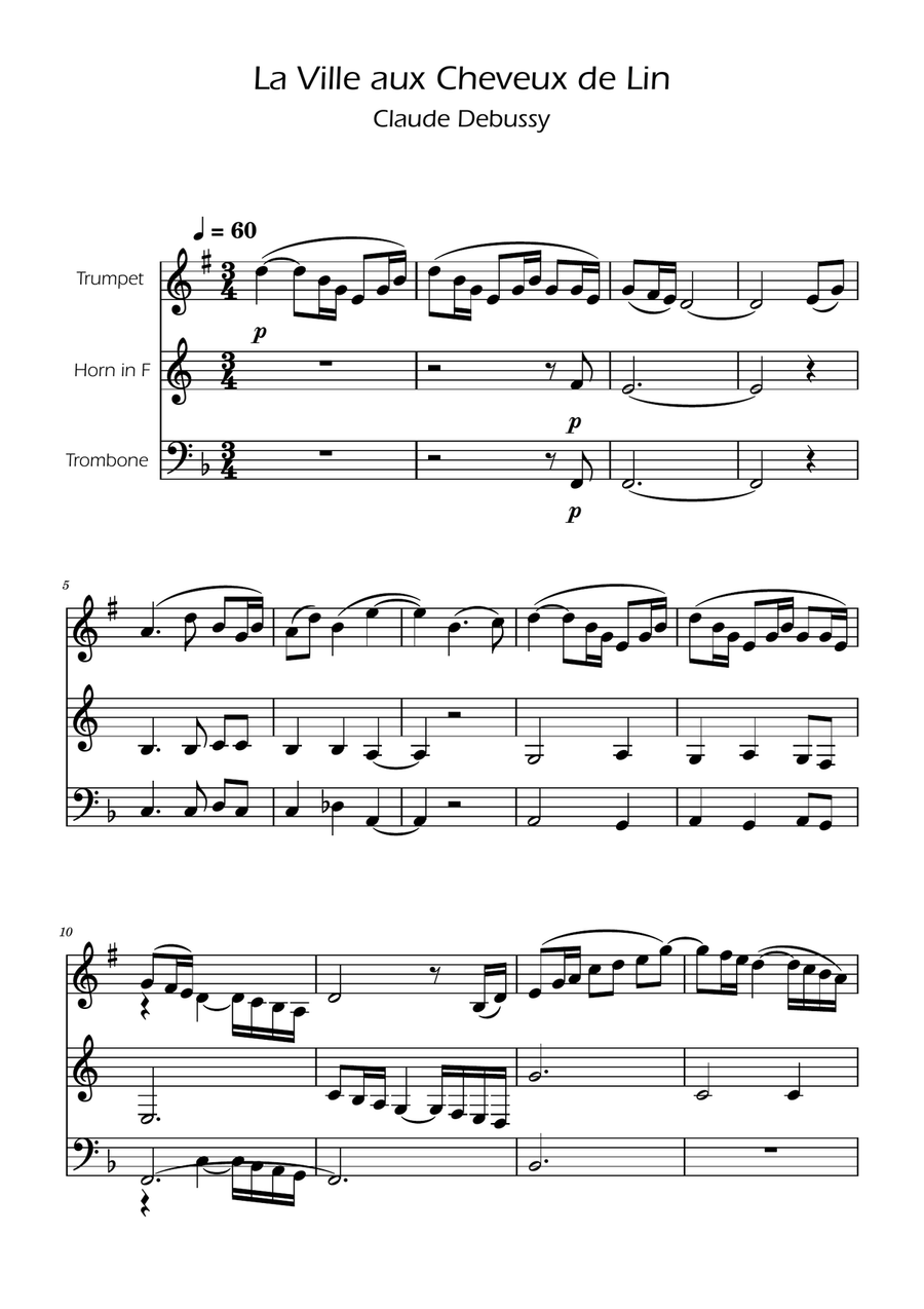 La fille aux cheveux de lin - Debussy - Brass Trio Brass Trio scores gallery preview page 1