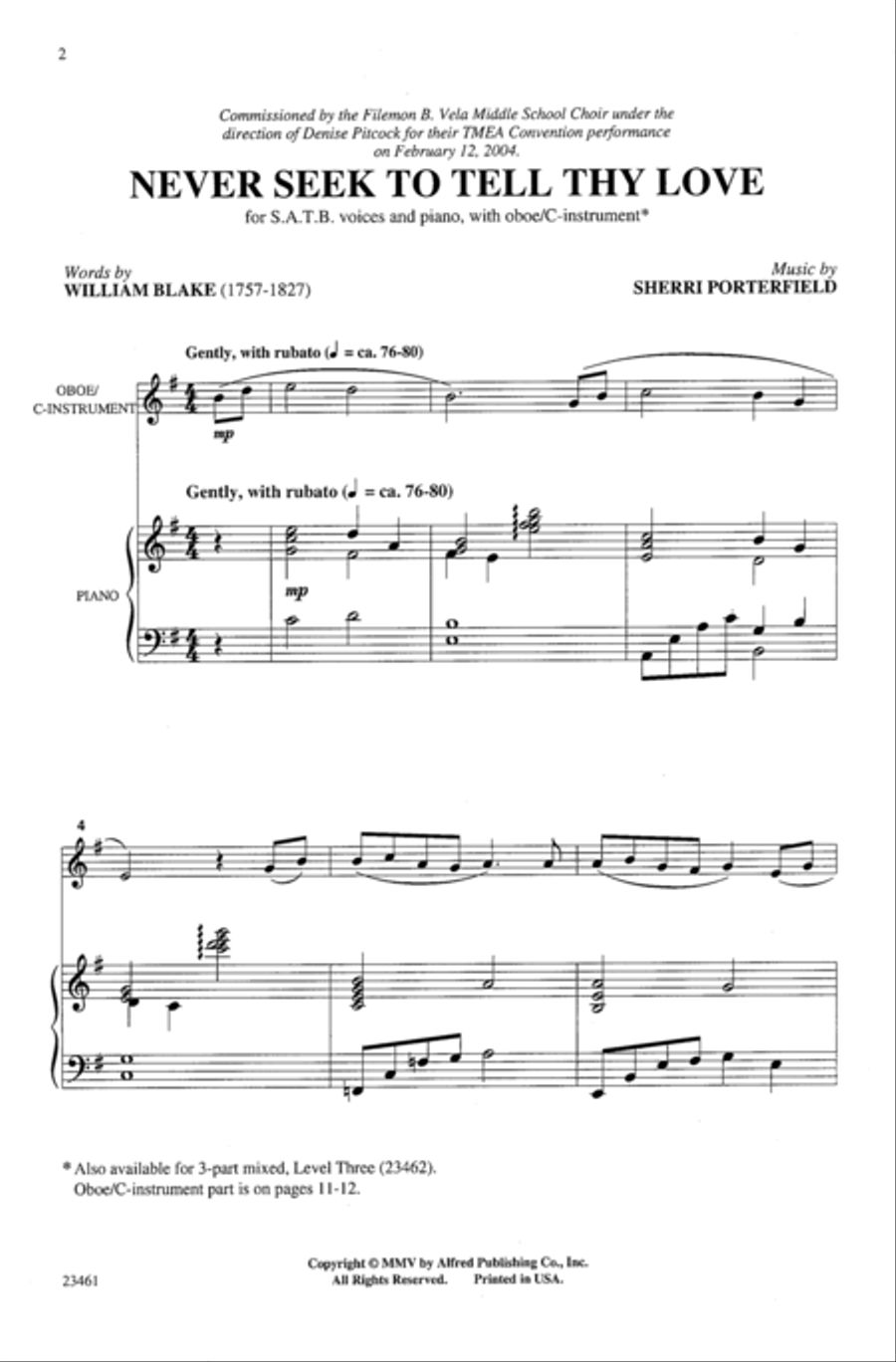 Never Seek to Tell Thy Love 4-Part scores gallery preview page 2