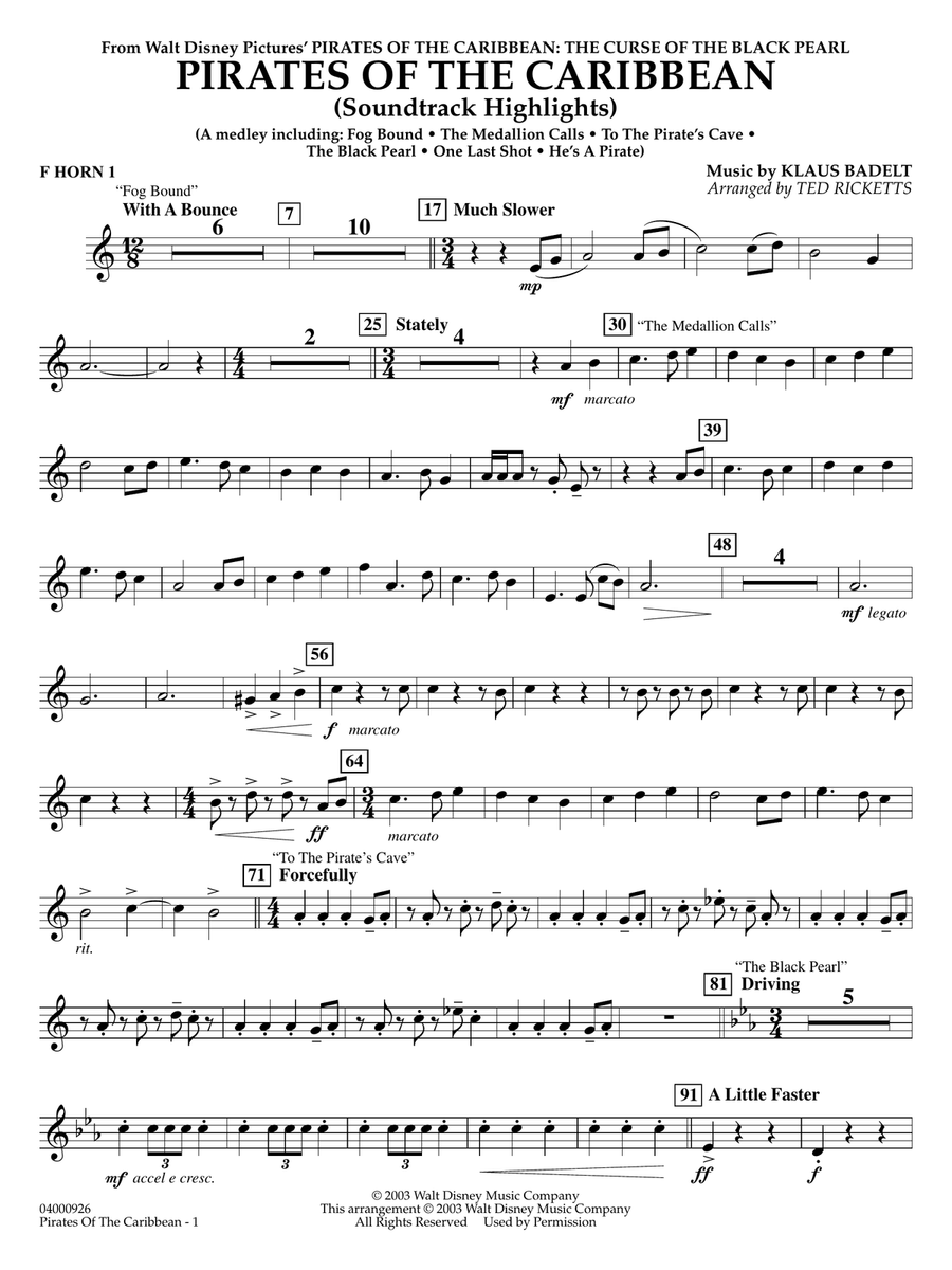 Pirates of the Caribbean (Soundtrack Highlights) (arr. Ted Ricketts) - F Horn 1 Concert Band scores gallery preview page 1