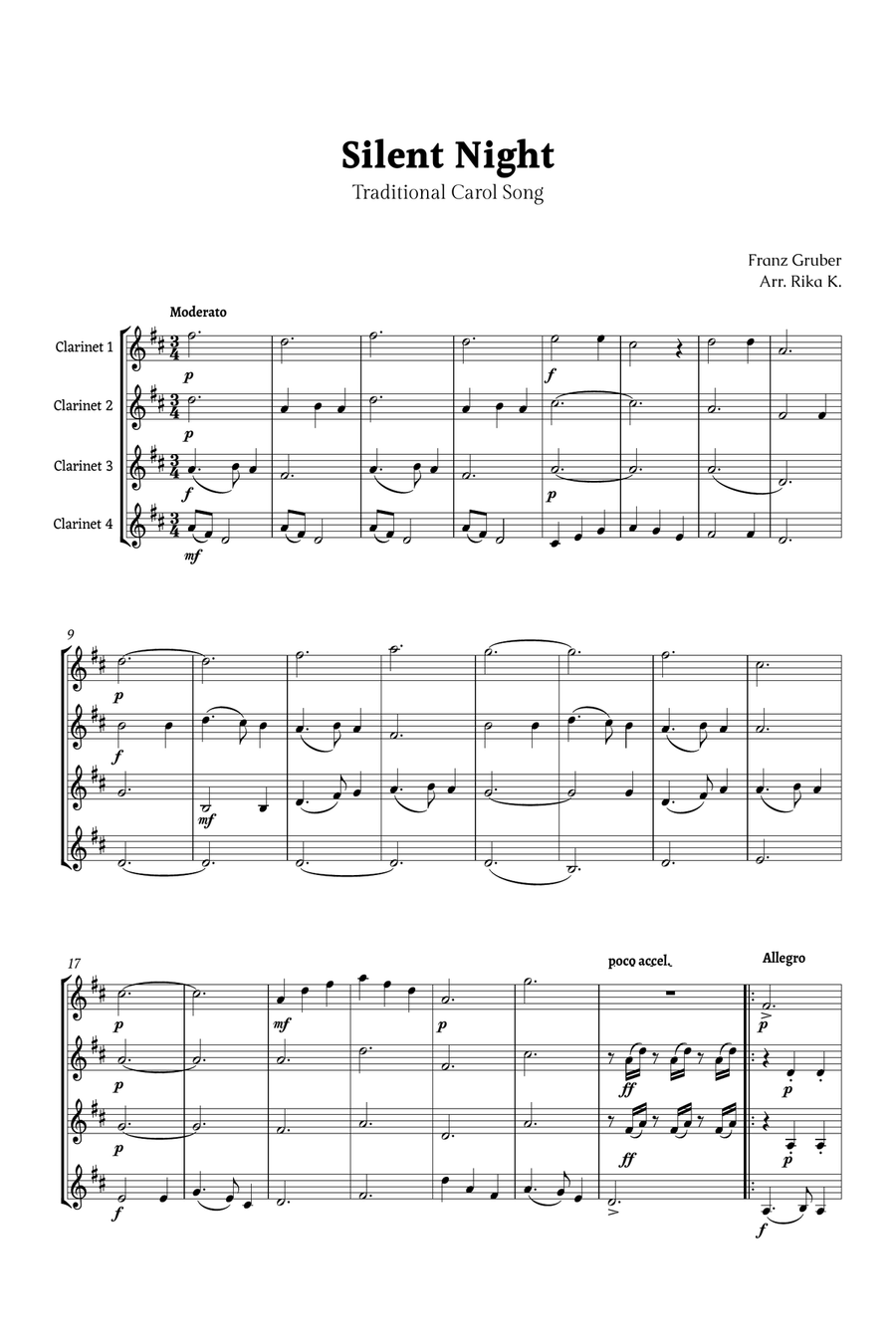 Silent Night for Clarinet Quartet Clarinet Quartet scores gallery preview page 1