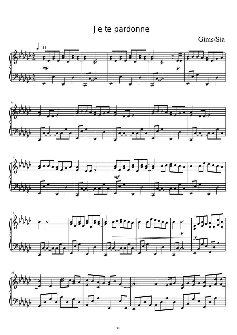 Je Te Pardonne Piano Solo scores gallery preview page 1