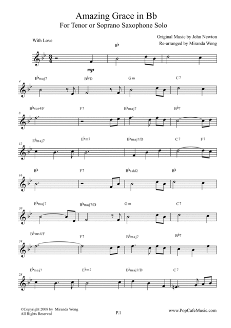 Amazing Grace in Bb - Tenor or Soprano Saxophone Solo Woodwind Trio scores gallery preview page 2