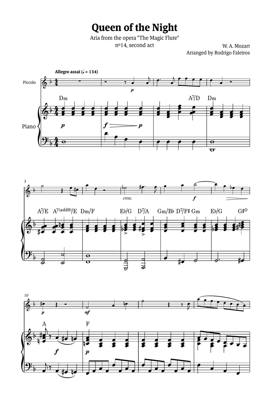 Queen of the Night - for solo piccolo (with piano and chords) Chamber Music scores gallery preview page 1