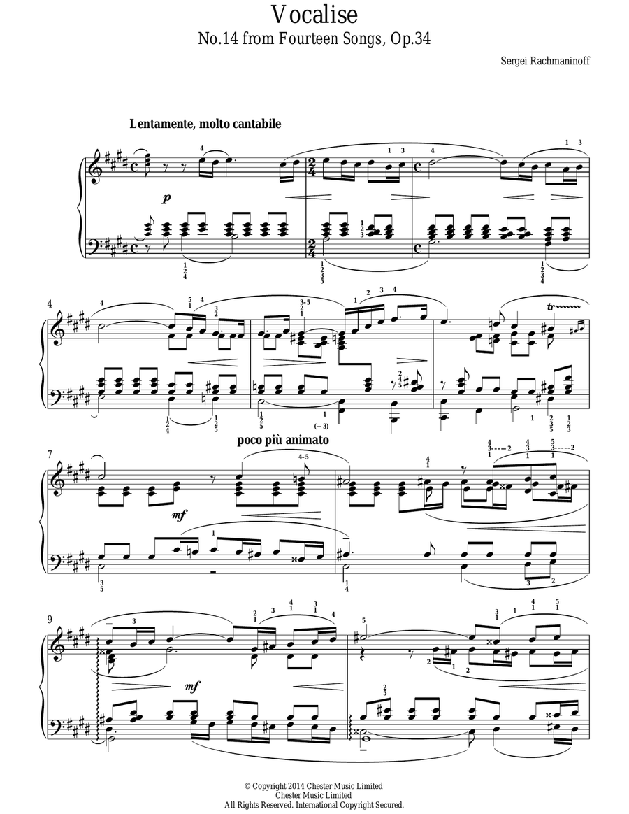 Vocalise (No.14 from Fourteen Songs, Op.34) Piano Solo scores gallery preview page 1