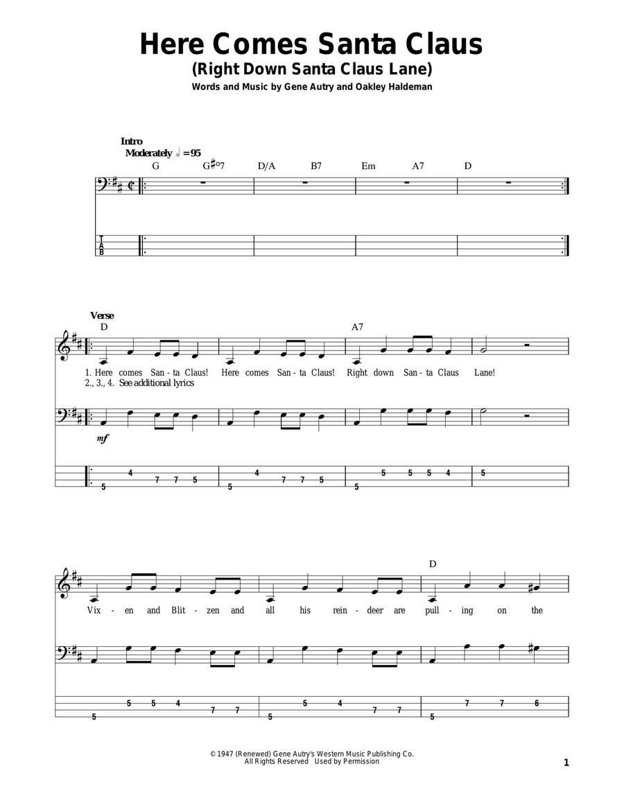 Here Comes Santa Claus (Right Down Santa Claus Lane) Bass Guitar Tablature scores gallery preview page 1